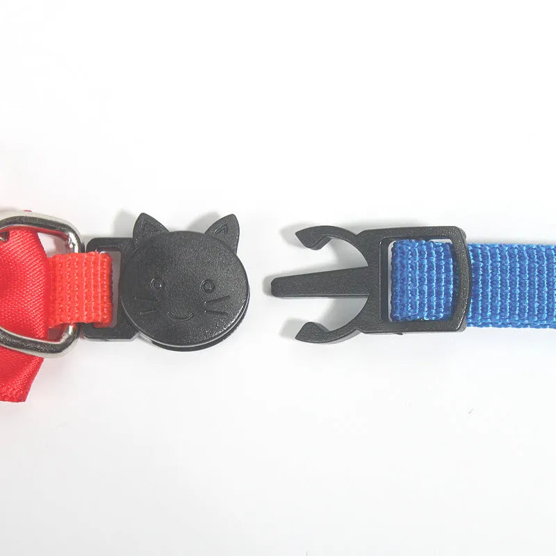 Adjustable nylon cat collar with decorative bow and bell in striped pattern multiple colours