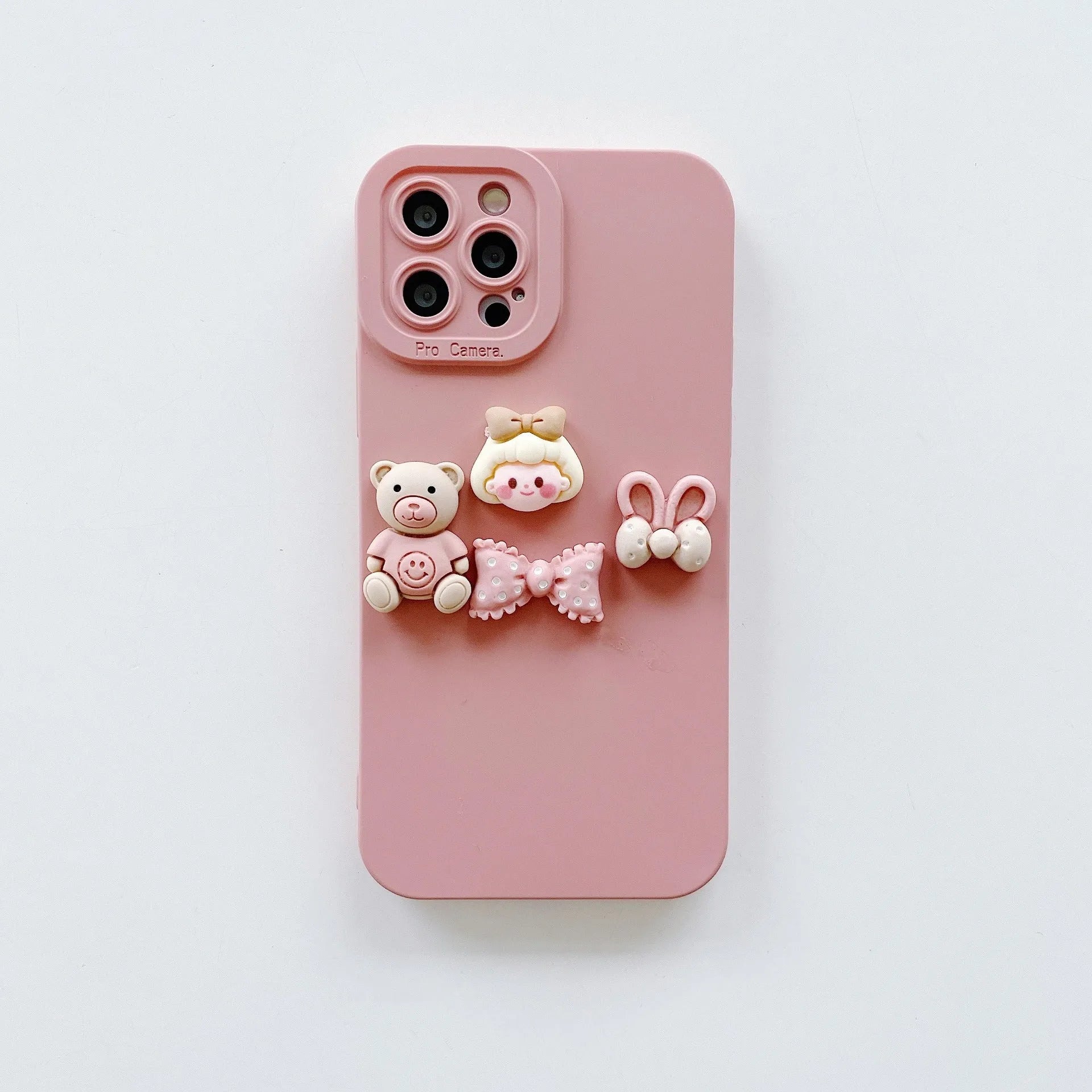 Women's decorative iPhone case with a raised three-dimensional doll bear design on a TPU protective cover.