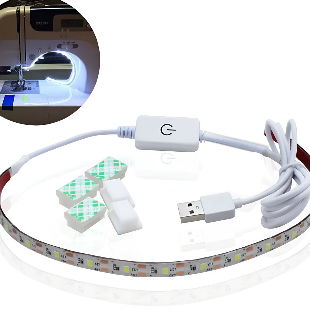 Flexible silicone USB LED light strip bent into a curve, showing touch control button and 3M adhesive backing.