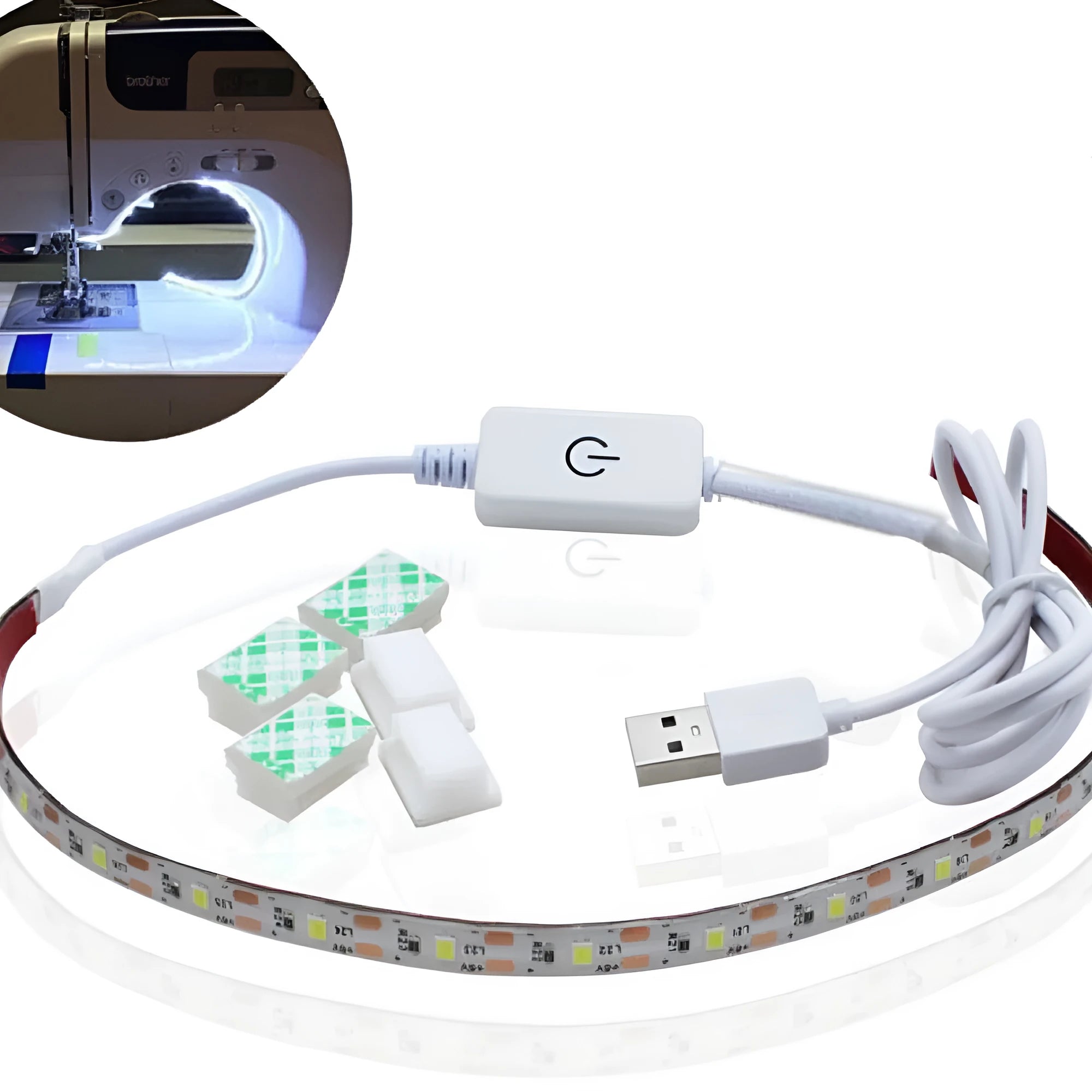 Flexible silicone USB LED light strip bent into a curve, showing touch control button and 3M adhesive backing.