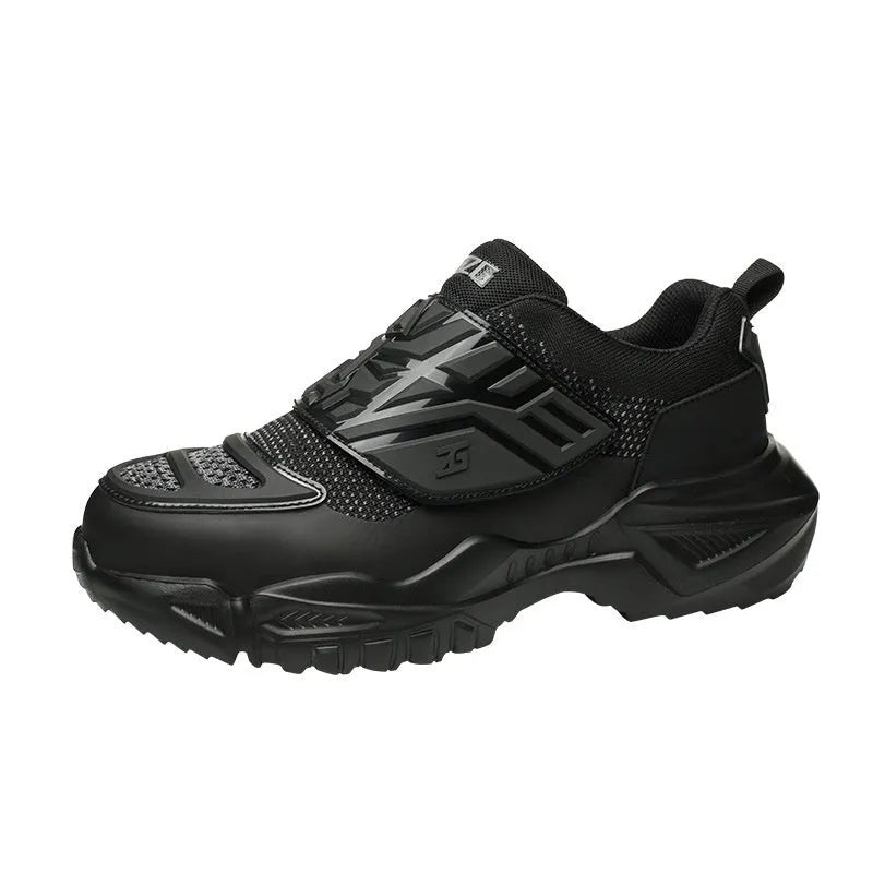 Black men's steel toe safety work shoes with felt buckle closure on a light background