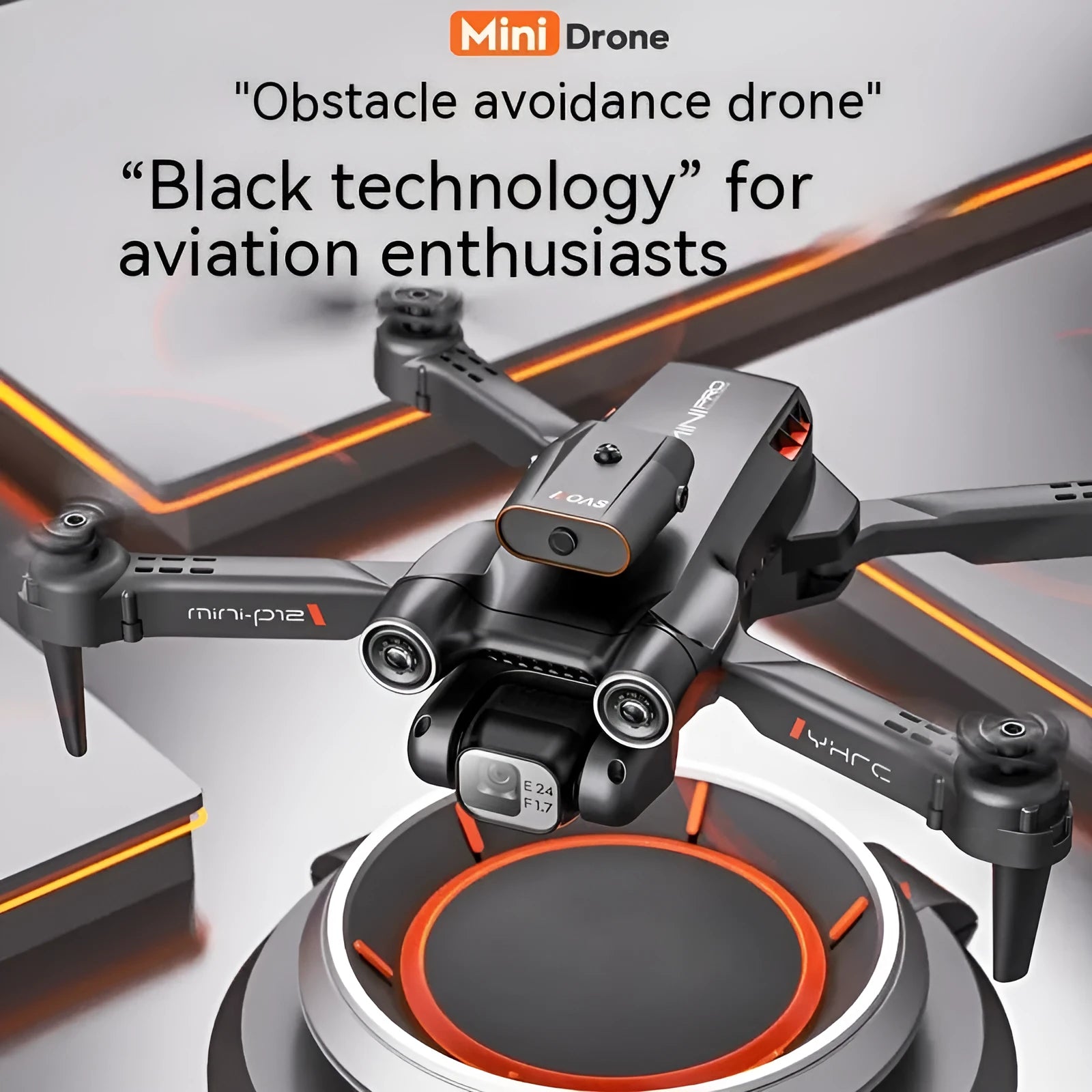 Black and orange foldable remote control quadcopter drone with four propellers and a mounted camera.