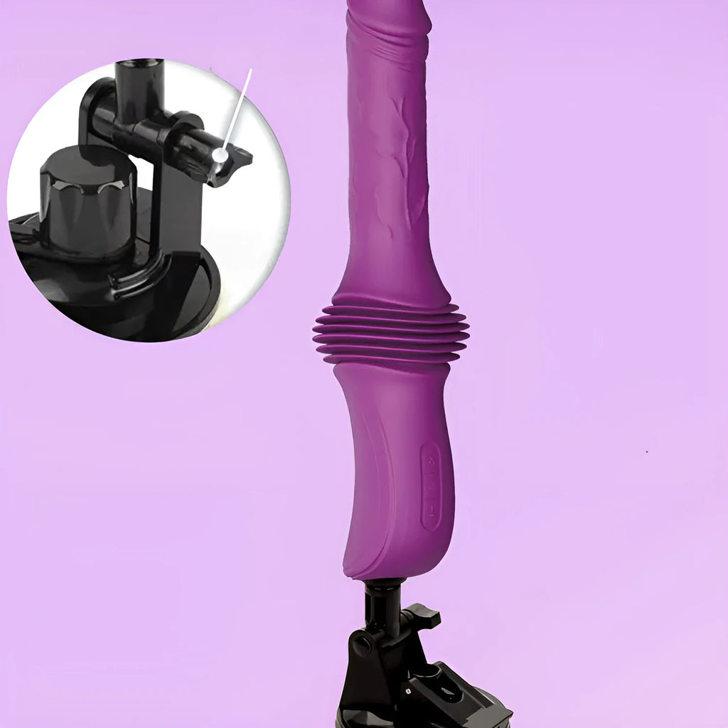 Purple silicone and ABS automatic simulation device with vibration, pulling and inserting action, 290x76x42mm, 70mm stroke