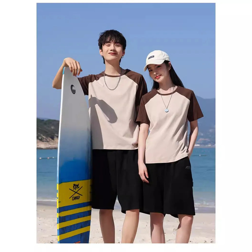 Loose fit round neck cotton blend t-shirt in A050 apricot army green, laid flat.