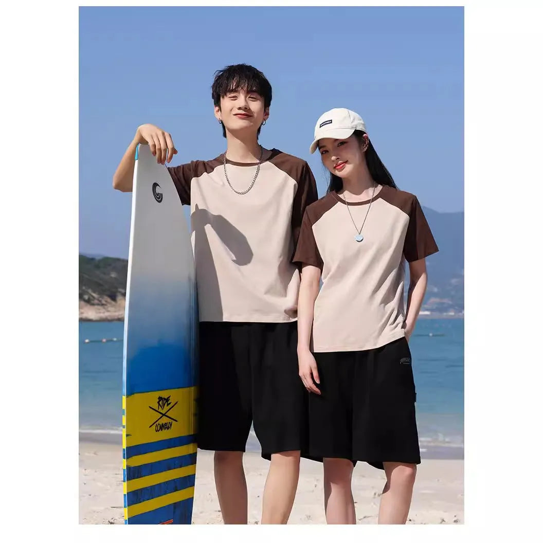 Loose fit round neck cotton blend t-shirt in A050 apricot army green, laid flat.