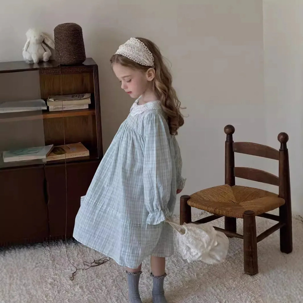 Girls light blue plaid cotton dress with lace detail available in sizes 90cm to 140cm