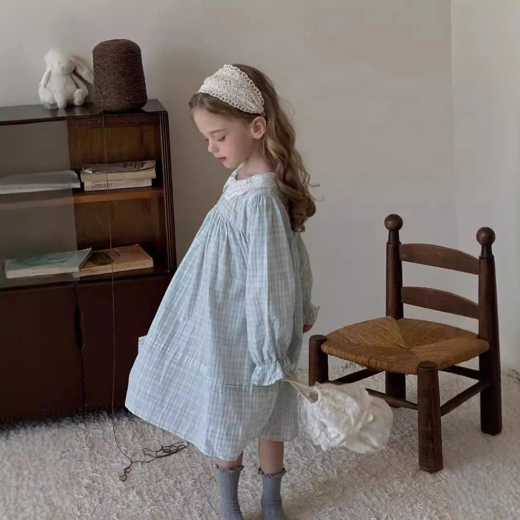 Girls light blue plaid cotton dress with lace detail available in sizes 90cm to 140cm