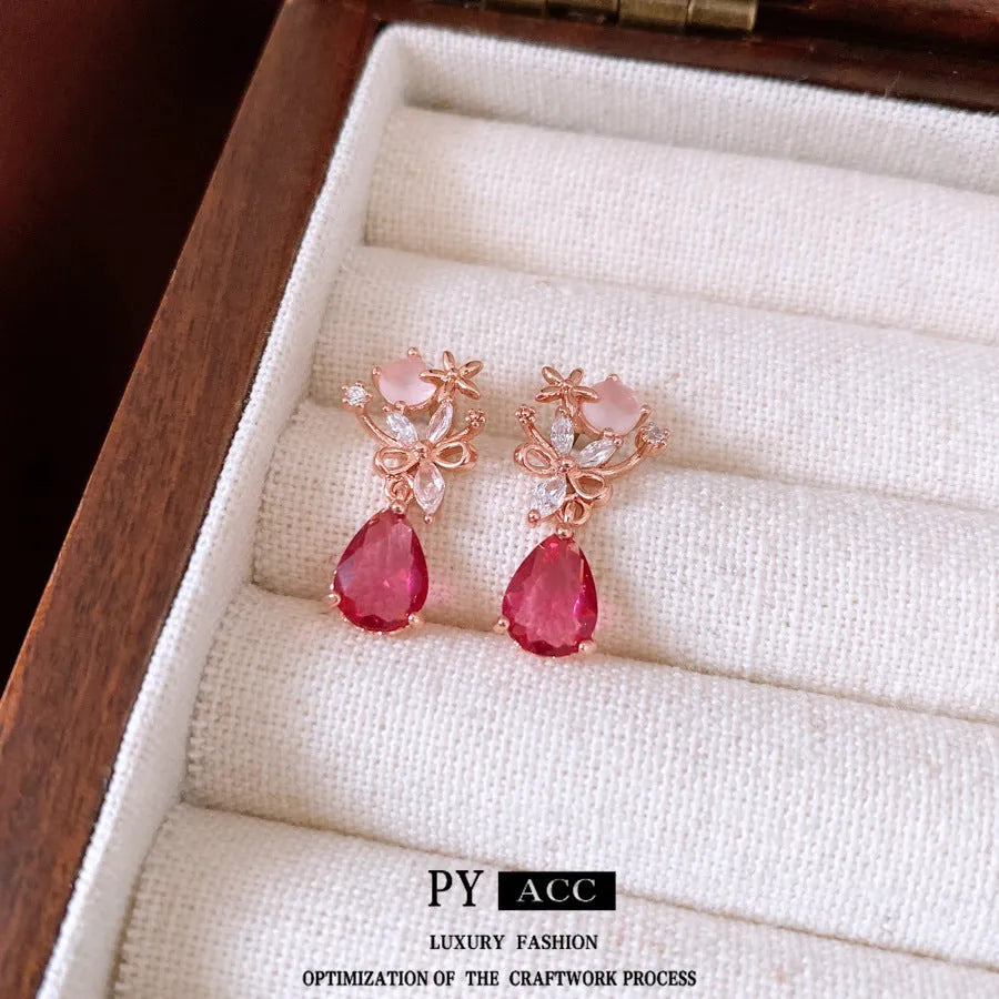 French style silver needle zircon flower drop earrings in rose gold pink on copper base