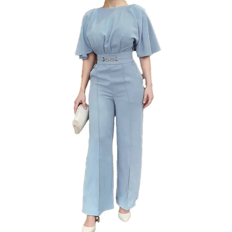 Blue men's polyester casual suit set with jacket and trousers on a hanger