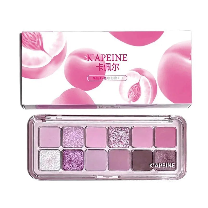 Creative Home eye shadow palette showing 12 colours including peach apple and cherry plum shades