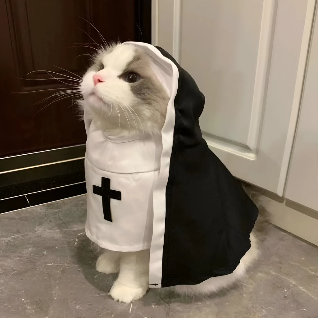 Black and white nun cloak costume for a small dog on a mannequin