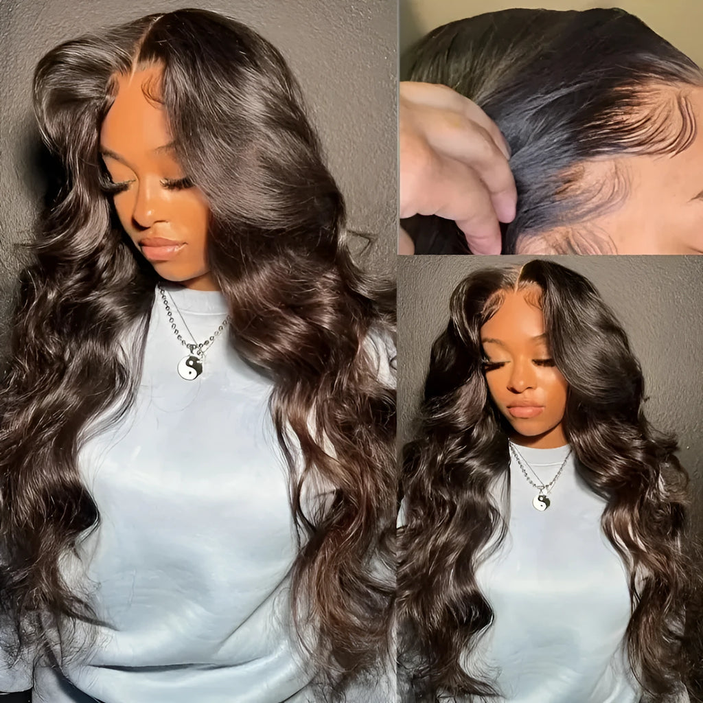 Women's long curly dark brown front lace wig with side bangs on a mannequin head.