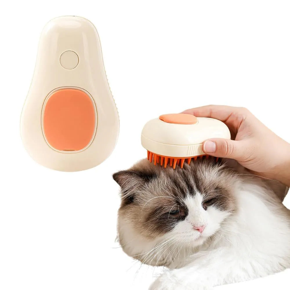 Green and white rechargeable 3-in-1 cat steam brush with silicone teeth and water spray nozzle.