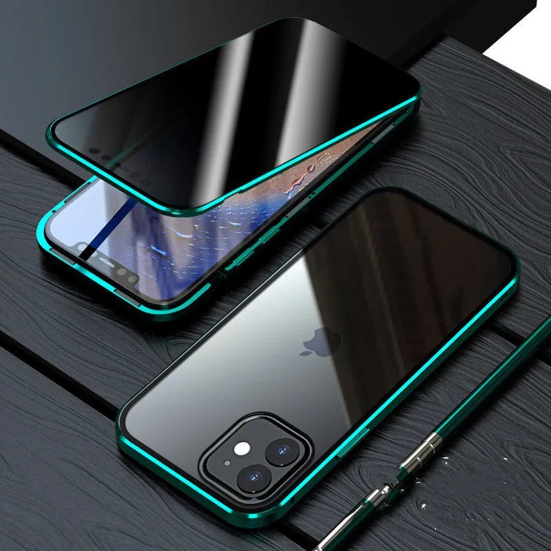 Magnetic privacy glass iPhone case showing anti-spy feature and metal frame with tempered glass back