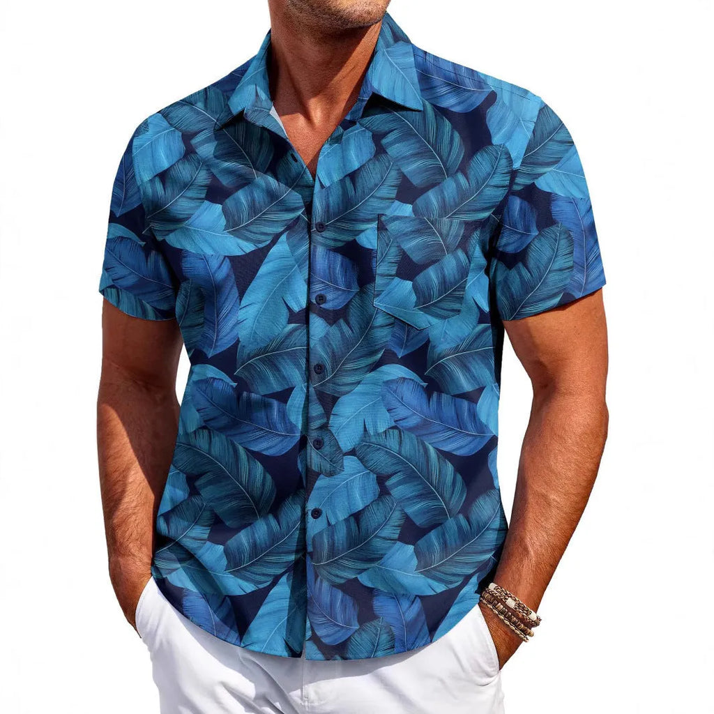 Man wearing a slim-fit Hawaiian short-sleeve shirt in elastic polyester fabric.