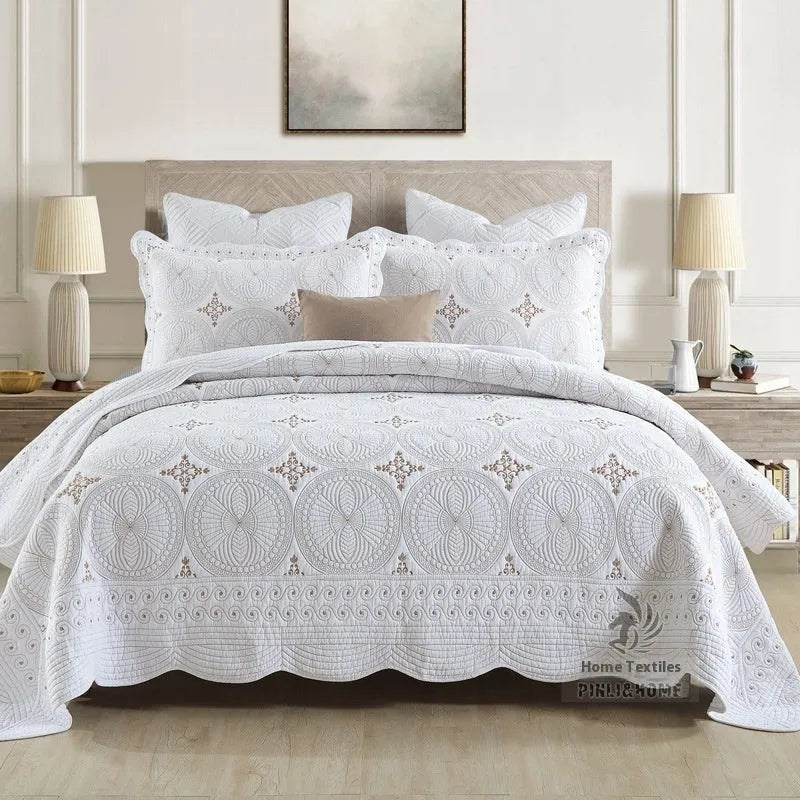European-style embroidered pure cotton bed cover set with two pillowcases for 1.8 metre bed