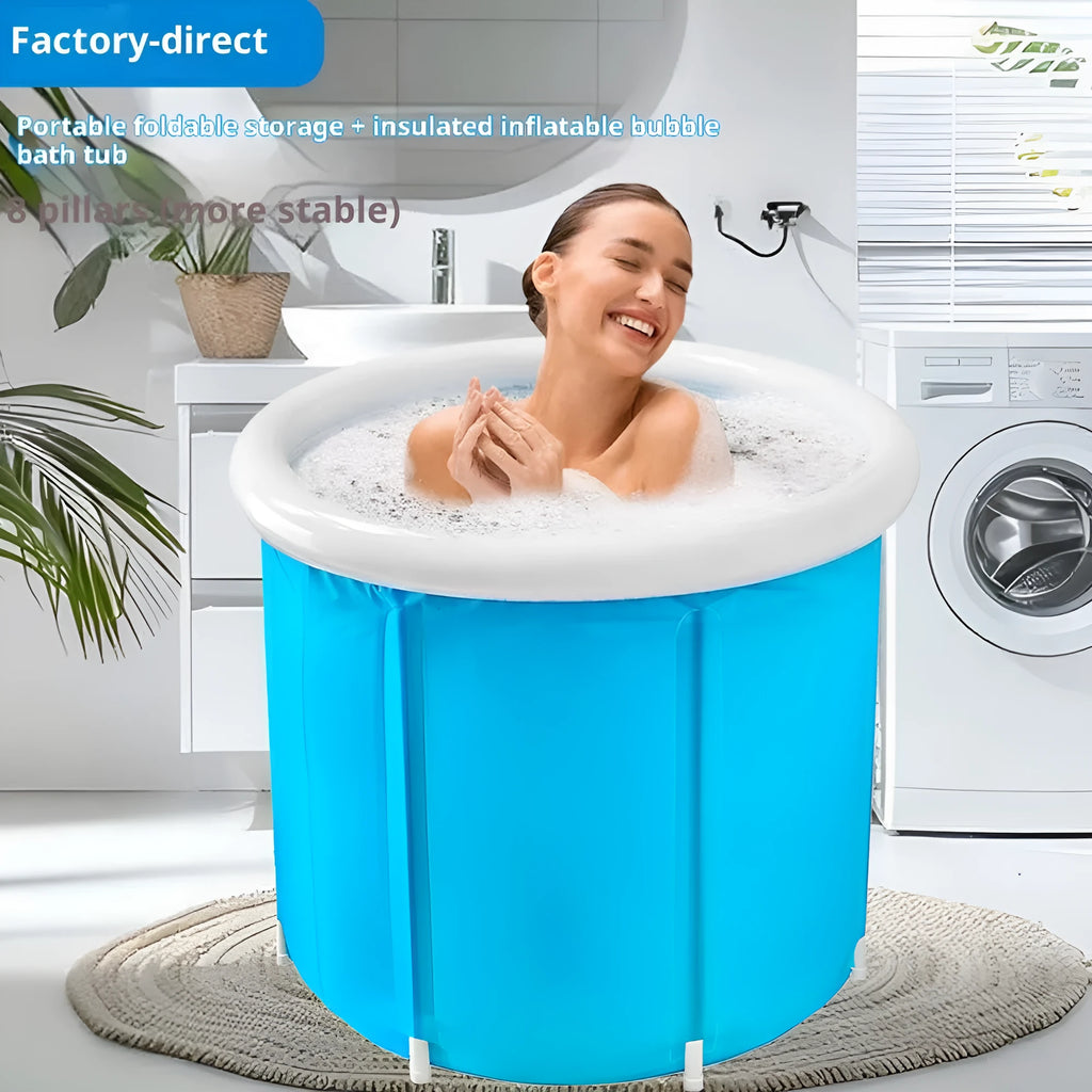 Blue inflatable bath barrel for adults made from environmentally friendly PVC, folded and inflated.