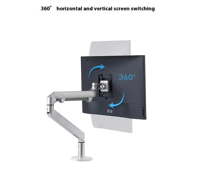Silver aluminium Free Hover adjustable laptop and monitor arm bracket extended on a desk.