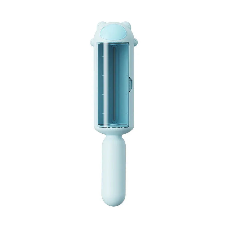 Blue reusable pet hair remover tool with a self-cleaning base for furniture and car seats.