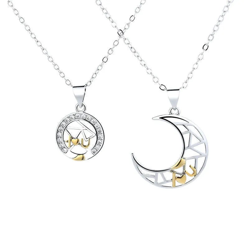 Sun moon couple necklace with electroplated copper cross chain and celestial pendant charms