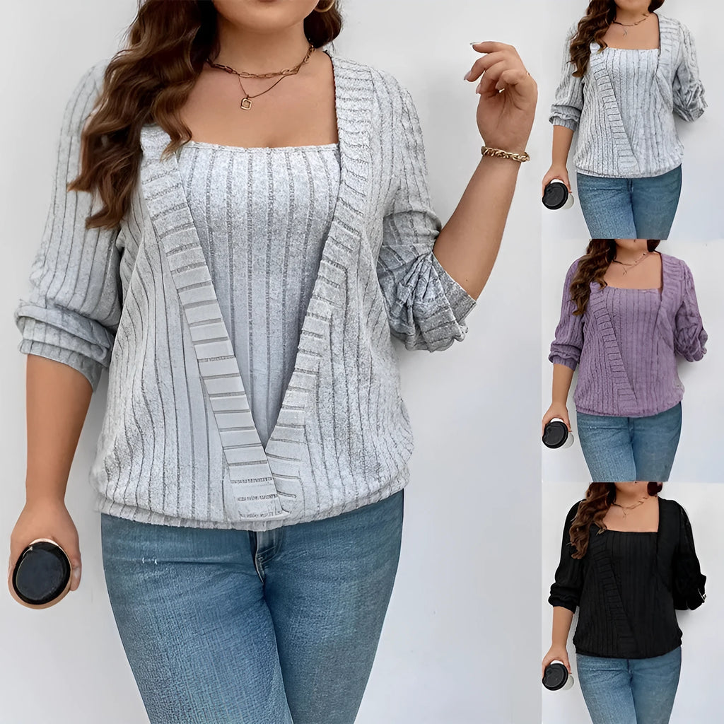 Women's loose fit ribbed false two-piece suit with V-neck and long sleeves in solid colour.