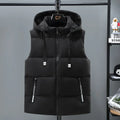Men's black polyester vest with removable cap showing straight hem design and slant pockets