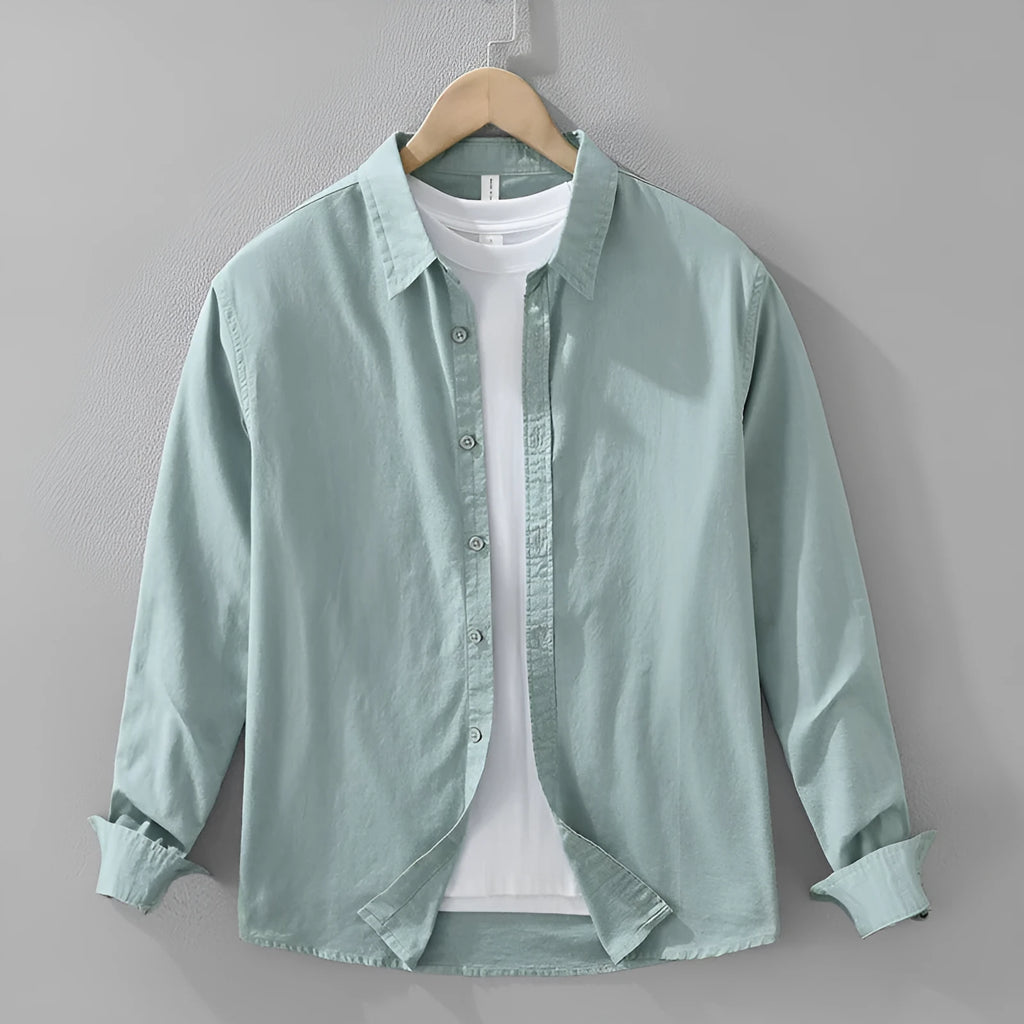 Men's Japanese cotton linen style long sleeve loose cardigan shirt in raw jute colour with button front