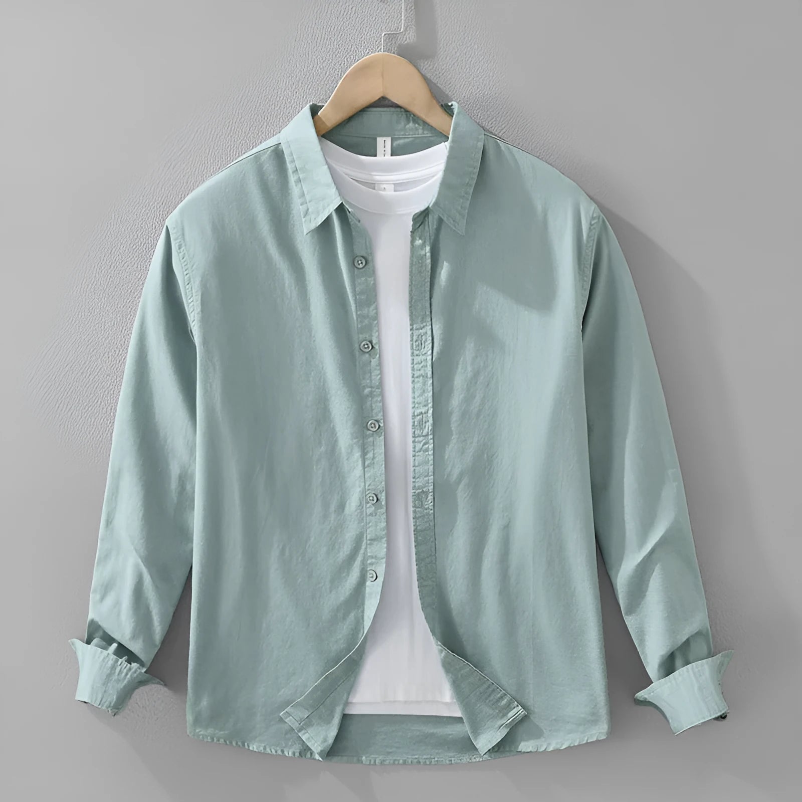 Men's Japanese cotton linen style long sleeve loose cardigan shirt in raw jute colour with button front