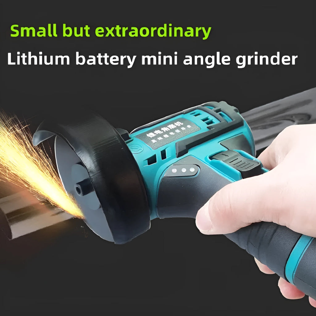 Mini cordless angle grinder with rechargeable 26V lithium battery and three saw blades on a work surface
