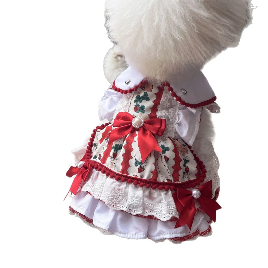 Small white dog wearing a light pink rabbit skirt princess-style polyester dress.