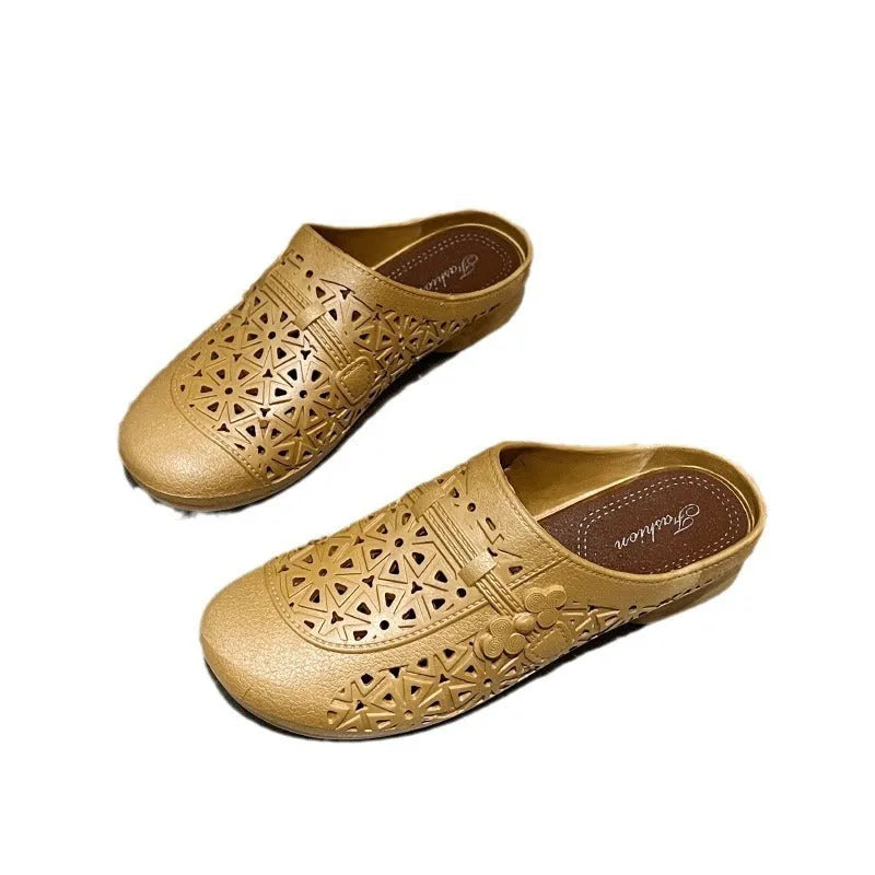 Flat toe box fairy style PVC half slippers with hollow out design in apricot colour