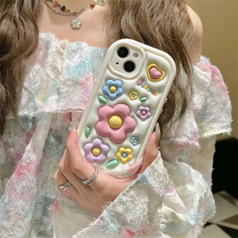 Three-dimensional flower TPU phone case with round two-in-one design and fall protection for selected iPhone models