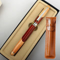 Wooden fountain pen with metal details alongside a matching fabric pen bag
