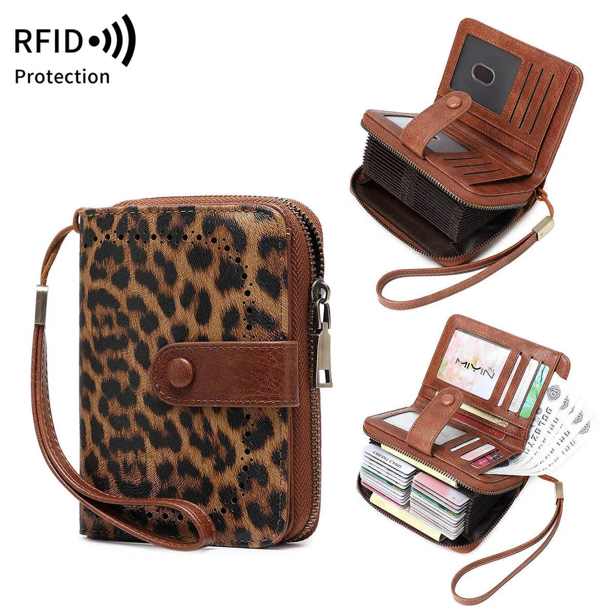 Leopard print multifunctional zipper wallet showing card slots and contrast stitching details