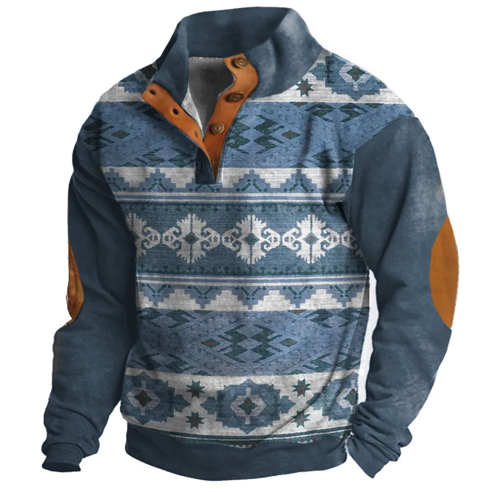 Long-sleeved loose fit grey sweater with a raised 3D geometric pattern and four-button front closure.