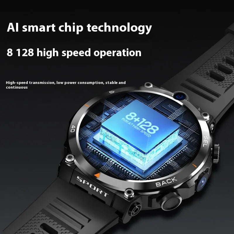 Sports smartwatch with dual cameras, touch screen display, heart rate monitoring and NFC functions