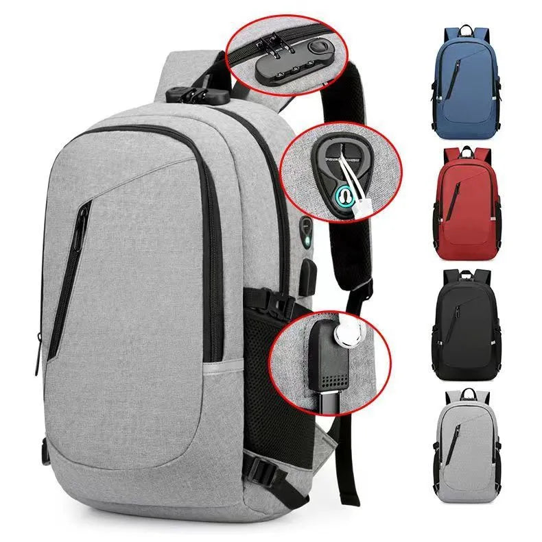 Solid-colour Oxford cloth computer backpack with 20-35L capacity in grey, black, blue, or red options.