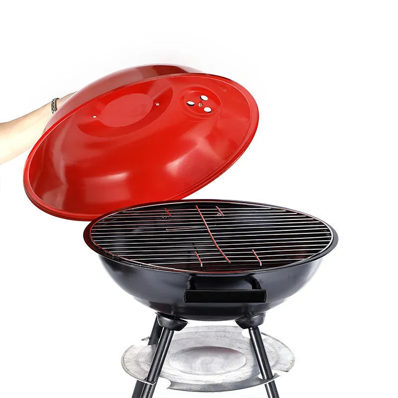 Portable iron barbecue grill with a 14-inch circular apple stove cooking grate.