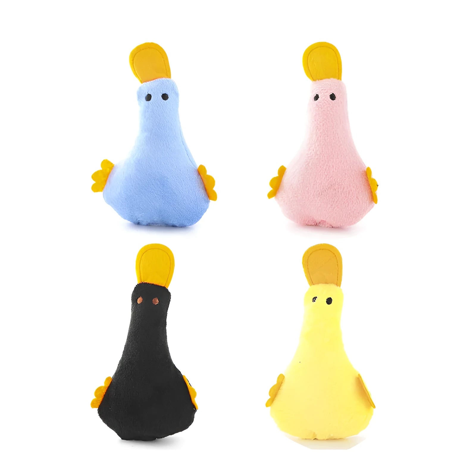 Colourful plush duck pet toy with catnip filling, squeaker, and rattle for cats and dogs