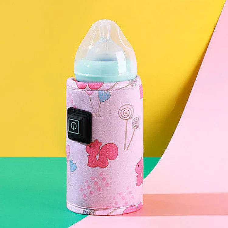 USB-powered baby bottle insulation cover in blue dinosaur design with thermostatic heating