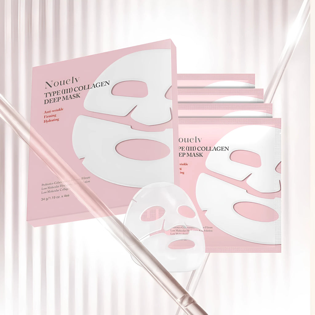 Collagen patch mask set box containing four individual sheet masks for moisturising and rejuvenating skincare