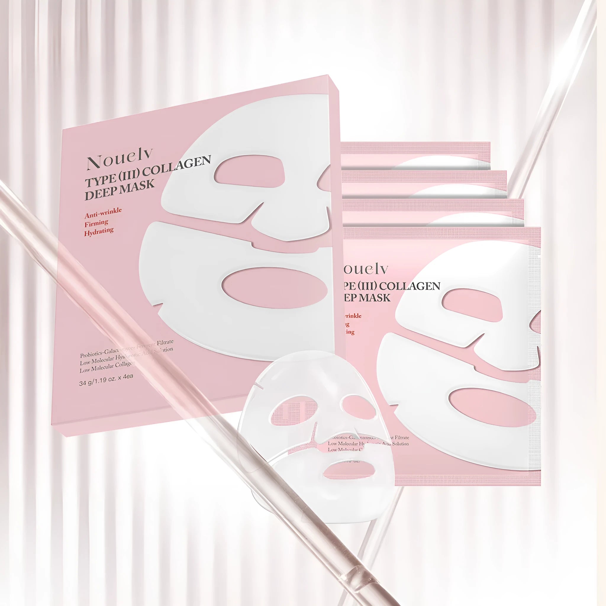 Collagen patch mask set box containing four individual sheet masks for moisturising and rejuvenating skincare