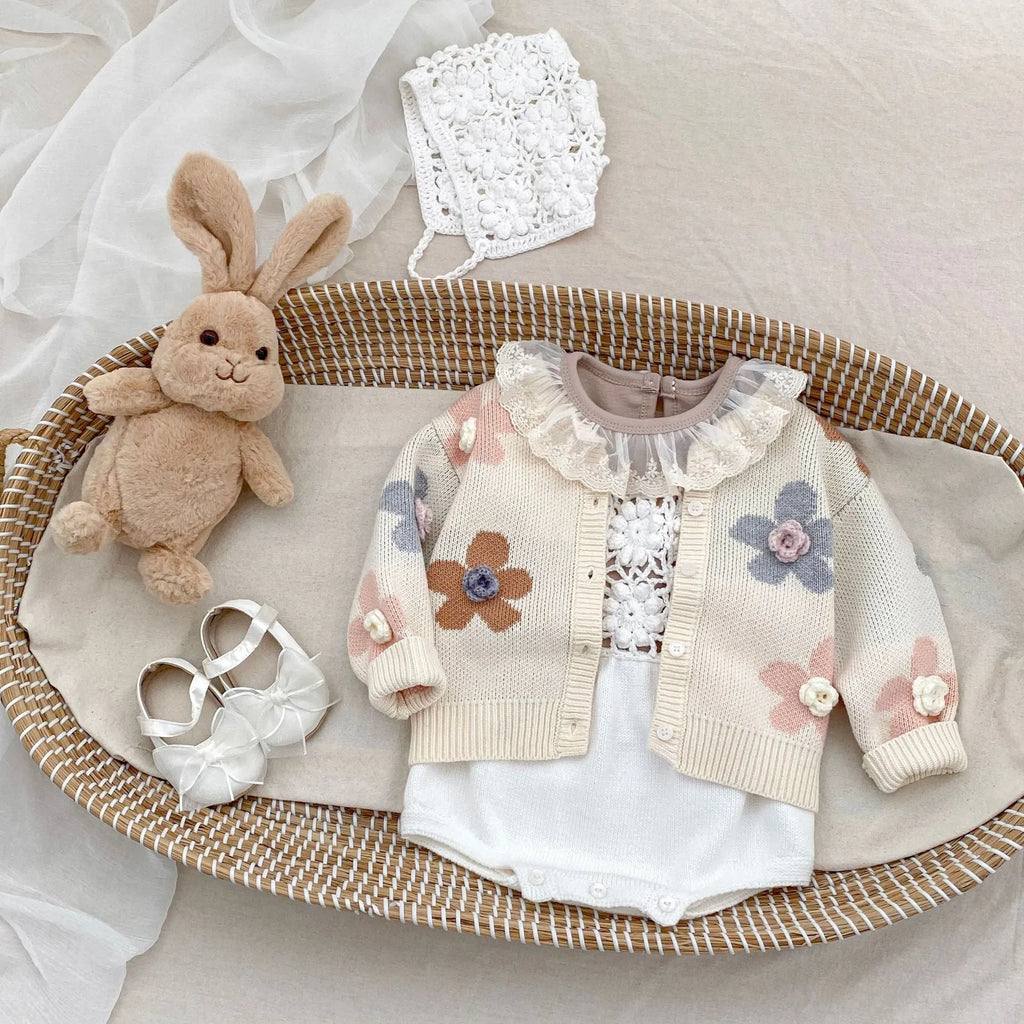 Beige cotton knitted baby romper with removable hood and matching hat, sleeveless triangle jumpsuit for girls