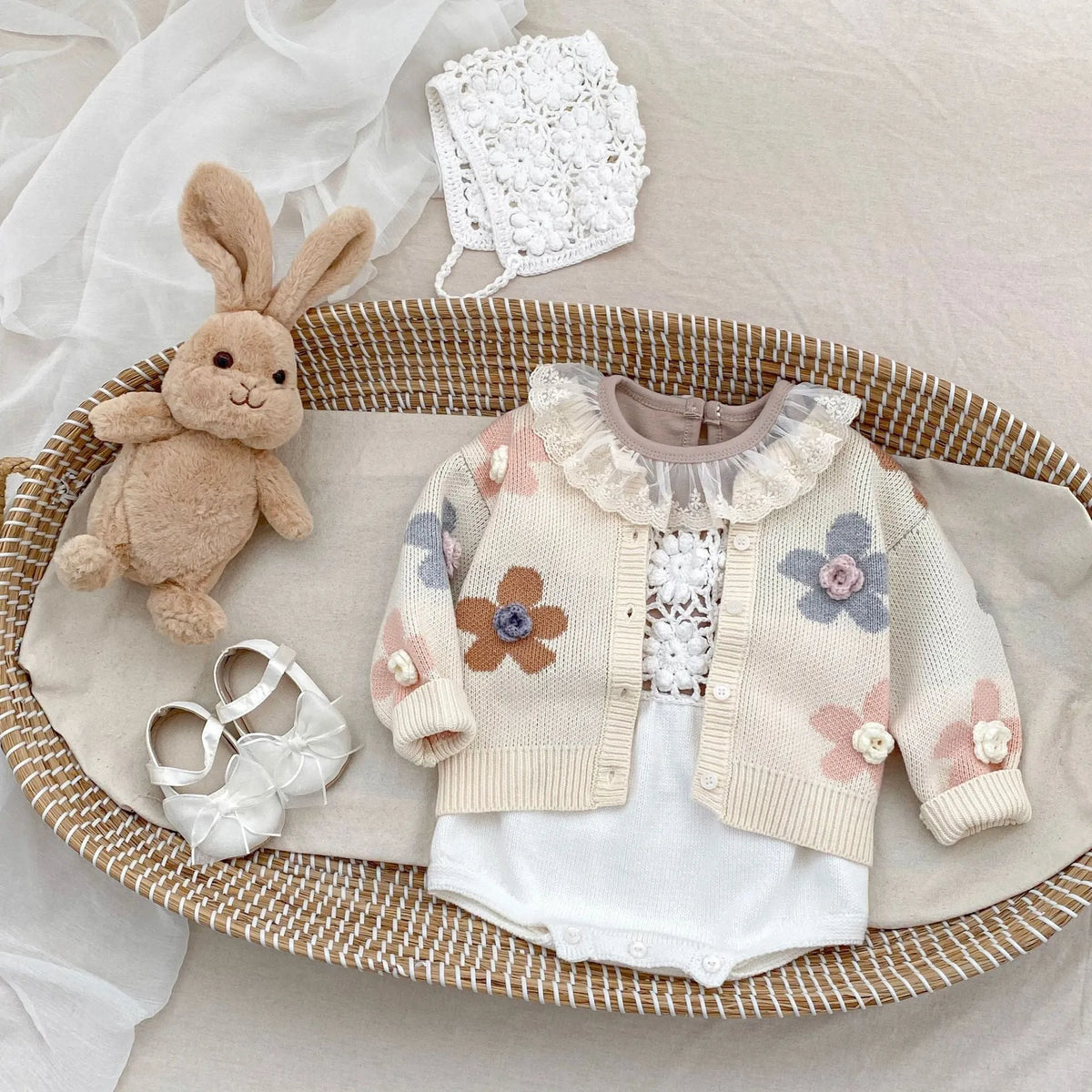 Beige cotton knitted baby romper with removable hood and matching hat, sleeveless triangle jumpsuit for girls