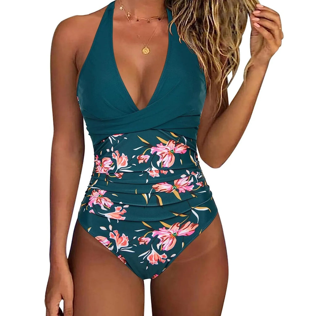 Printed split lace-up gather backless bikini swimsuit in floral and leopard patterns