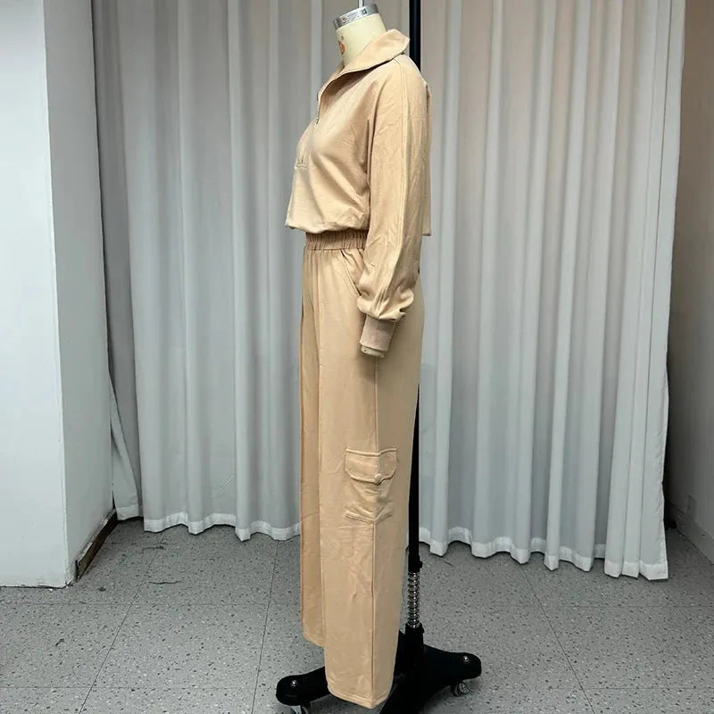Women's light camel lapel short top and high-waist wide-leg trousers two-piece set