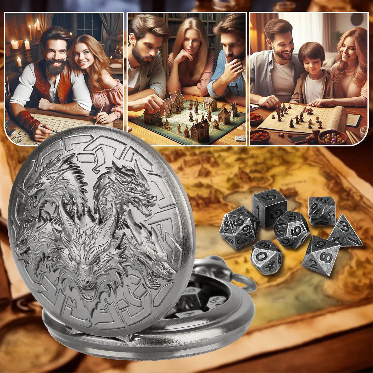 Retro pocket watch shaped zinc alloy dice set with seven polyhedral dice in bronze finish
