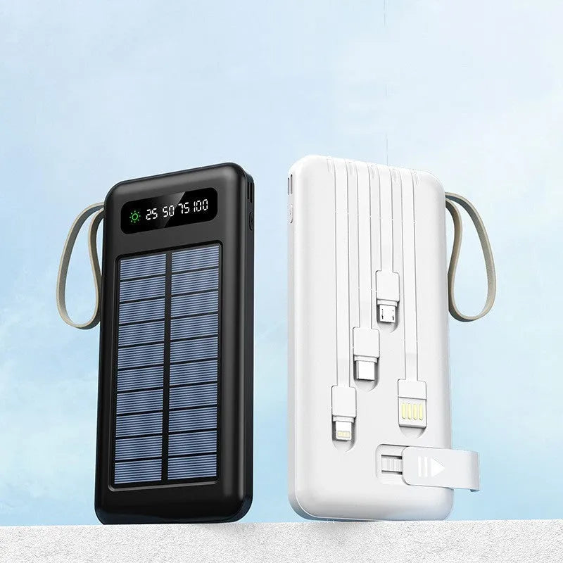 Black or white solar power bank showing the solar panel and USB ports, with a multi-purpose charging cable.
