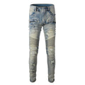 Light blue men's slim jeans with hand-frayed distressing and a distressed finish on the legs.