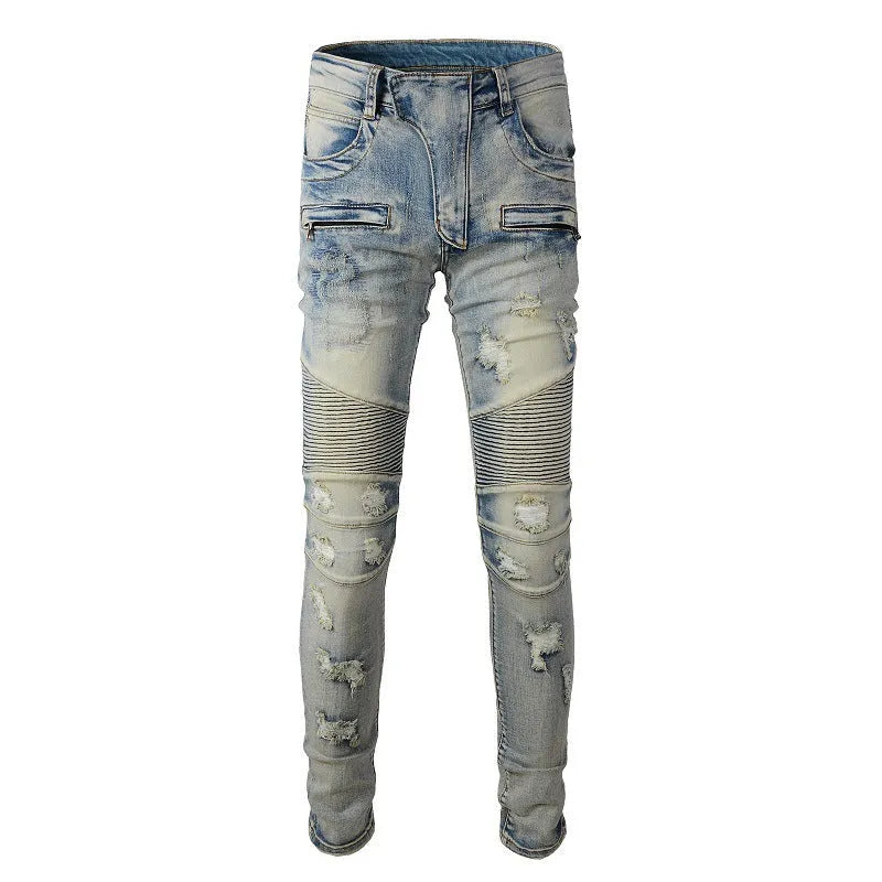 Light blue men's slim jeans with hand-frayed distressing and a distressed finish on the legs.